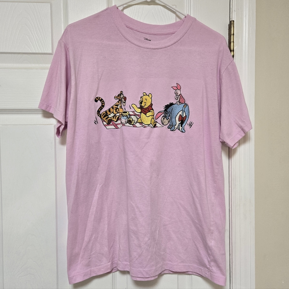 Winnie The Pooh Pink Embroiderd Short Sleeve Tshirt Cotton Juniors Large